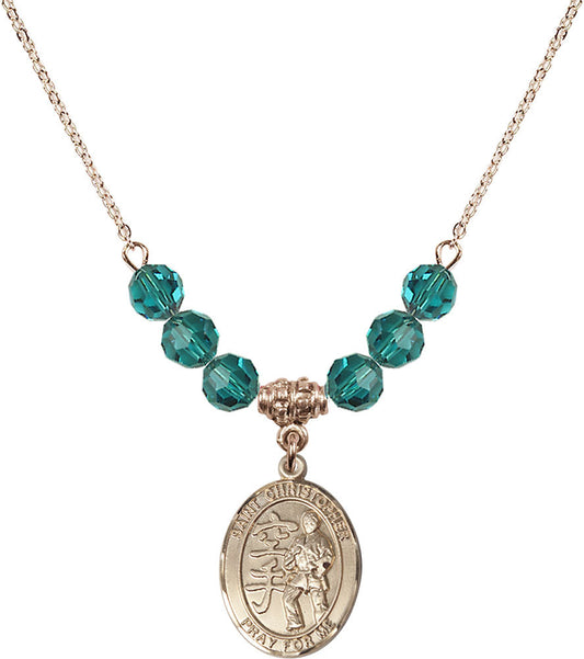 14kt Gold Filled Saint Christopher / Karate Birthstone Necklace with Zircon Beads - 8515