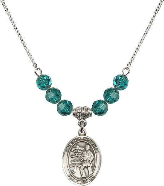 Sterling Silver Saint Christopher / Karate Birthstone Necklace with Zircon Beads - 8515