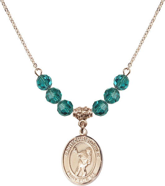 14kt Gold Filled Saint Christopher/Lacrosse Birthstone Necklace with Zircon Beads - 8516