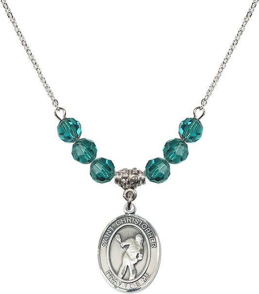 Sterling Silver Saint Christopher/Lacrosse Birthstone Necklace with Zircon Beads - 8516