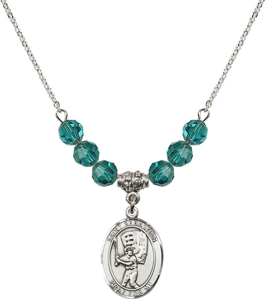 Sterling Silver Saint Sebastian / Baseball Birthstone Necklace with Zircon Beads - 8600