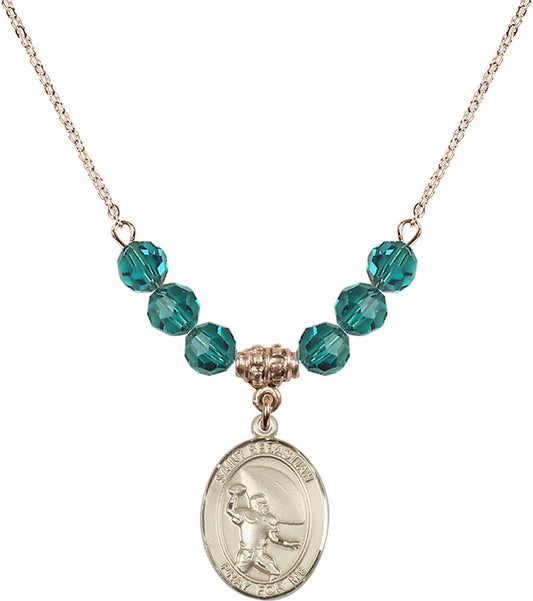 14kt Gold Filled Saint Sebastian / Football Birthstone Necklace with Zircon Beads - 8601