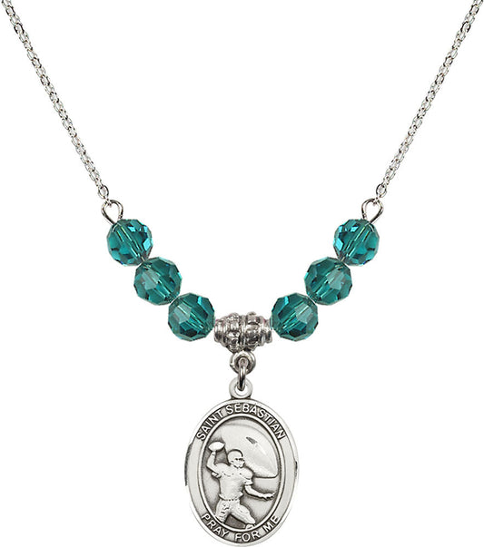 Sterling Silver Saint Sebastian / Football Birthstone Necklace with Zircon Beads - 8601