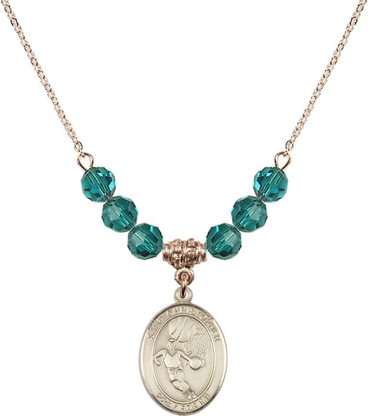 14kt Gold Filled Saint Sebastian/Basketball Birthstone Necklace with Zircon Beads - 8602