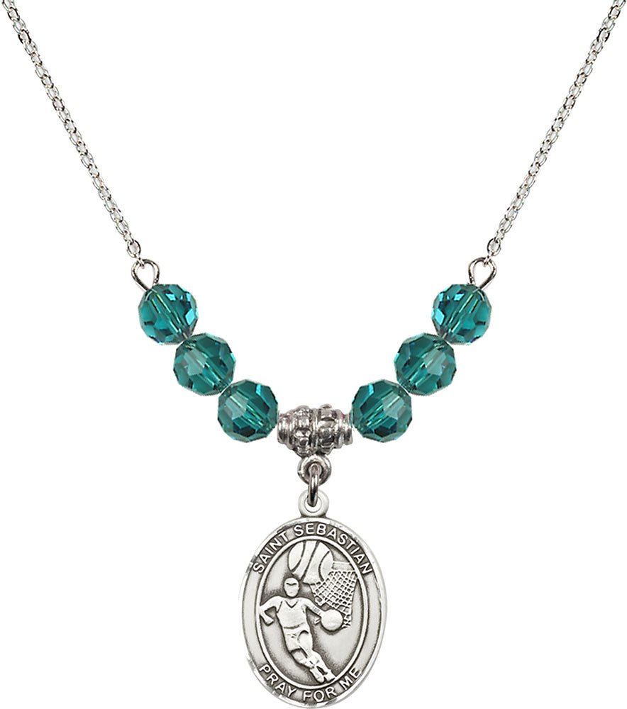 Sterling Silver Saint Sebastian/Basketball Birthstone Necklace with Zircon Beads - 8602