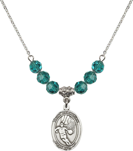 Sterling Silver Saint Sebastian/Basketball Birthstone Necklace with Zircon Beads - 8602