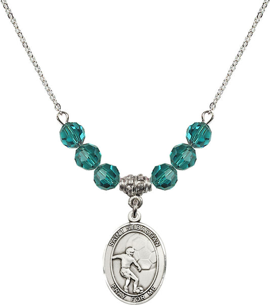 Sterling Silver Saint Sebastian / Soccer Birthstone Necklace with Zircon Beads - 8603