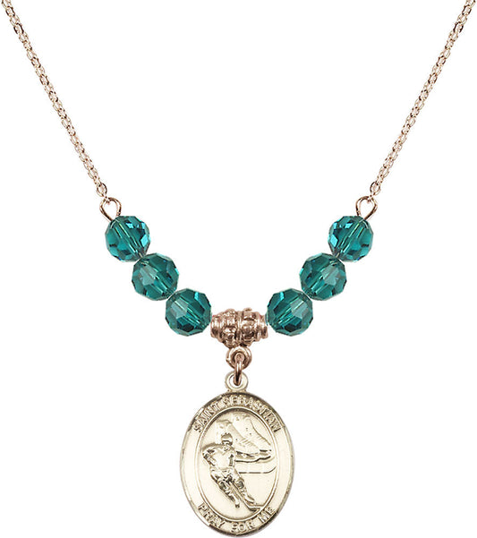14kt Gold Filled Saint Sebastian / Hockey Birthstone Necklace with Zircon Beads - 8604