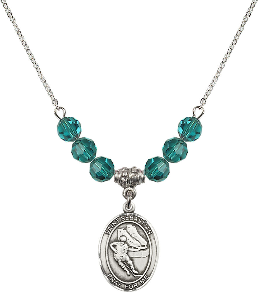 Sterling Silver Saint Sebastian / Hockey Birthstone Necklace with Zircon Beads - 8604