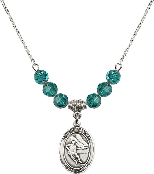 Sterling Silver Saint Sebastian / Hockey Birthstone Necklace with Zircon Beads - 8604