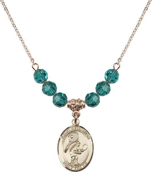 14kt Gold Filled Saint Sebastian / Tennis Birthstone Necklace with Zircon Beads - 8605