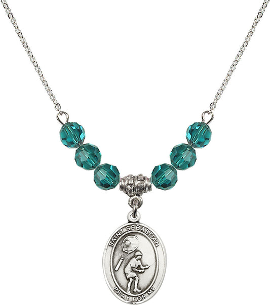 Sterling Silver Saint Sebastian / Tennis Birthstone Necklace with Zircon Beads - 8605