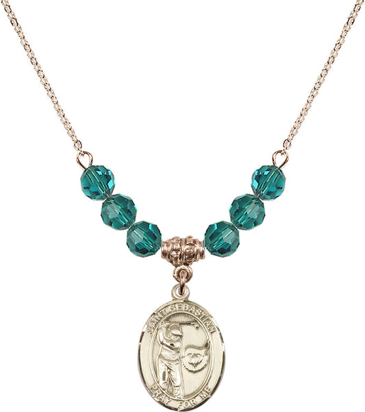 14kt Gold Filled Saint Sebastian / Golf Birthstone Necklace with Zircon Beads - 8606