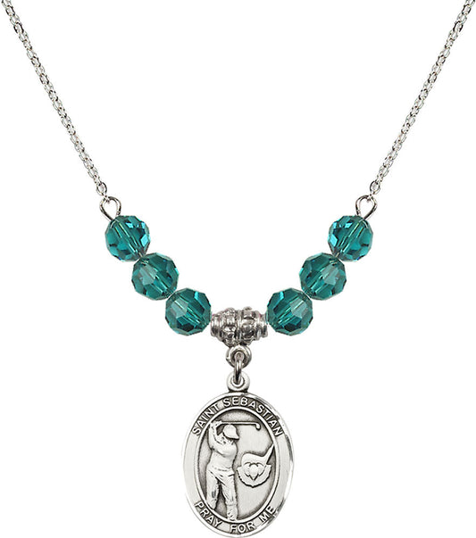 Sterling Silver Saint Sebastian / Golf Birthstone Necklace with Zircon Beads - 8606