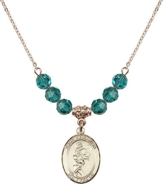 14kt Gold Filled Saint Sebastian/Softball Birthstone Necklace with Zircon Beads - 8607
