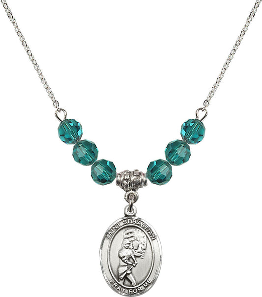 Sterling Silver Saint Sebastian/Softball Birthstone Necklace with Zircon Beads - 8607
