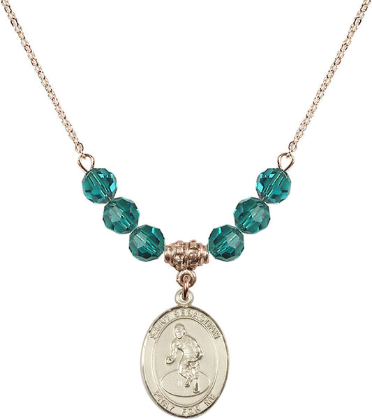 14kt Gold Filled Saint Sebastian/Wrestling Birthstone Necklace with Zircon Beads - 8608