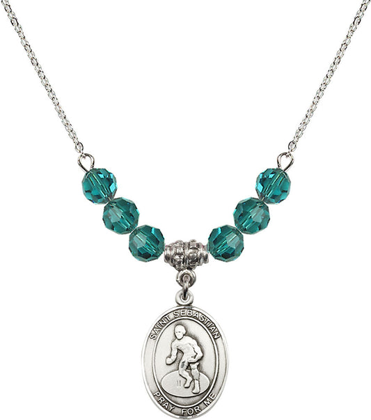 Sterling Silver Saint Sebastian/Wrestling Birthstone Necklace with Zircon Beads - 8608