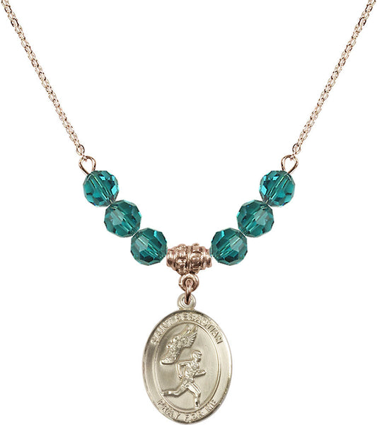 14kt Gold Filled Saint Sebastian /Track&Field-Men Birthstone Necklace with Zircon Beads - 8609