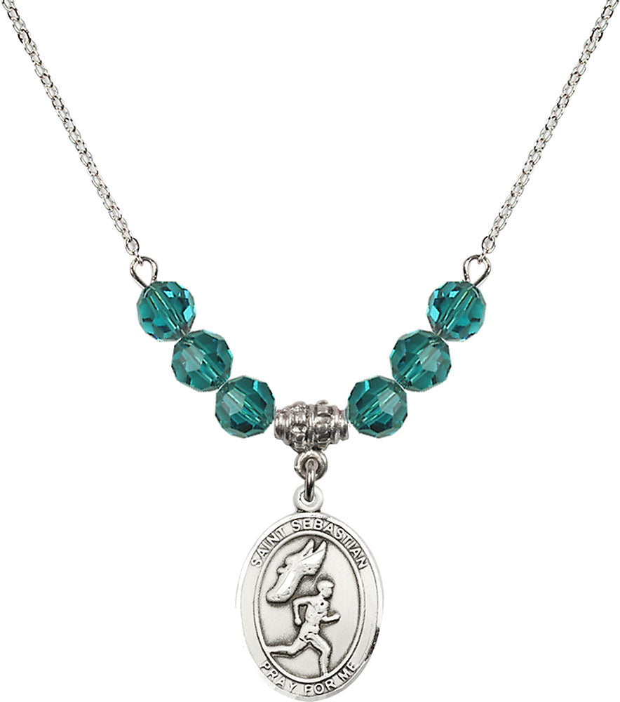 Sterling Silver Saint Sebastian /Track&Field-Men Birthstone Necklace with Zircon Beads - 8609