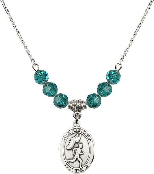 Sterling Silver Saint Sebastian /Track&Field-Men Birthstone Necklace with Zircon Beads - 8609