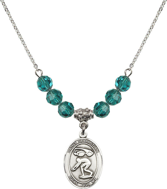 Sterling Silver Saint Sebastian/Swimming Birthstone Necklace with Zircon Beads - 8611