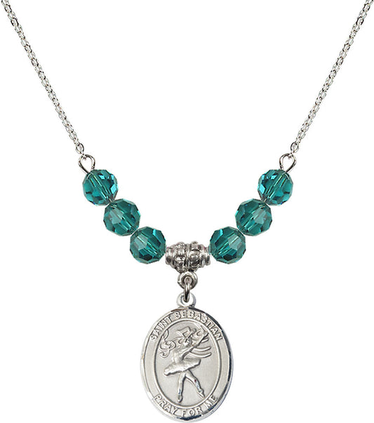 Sterling Silver Saint Sebastian / Dance Birthstone Necklace with Zircon Beads - 8612