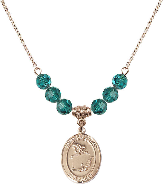 14kt Gold Filled Saint Sebastian/Gymnastics Birthstone Necklace with Zircon Beads - 8613