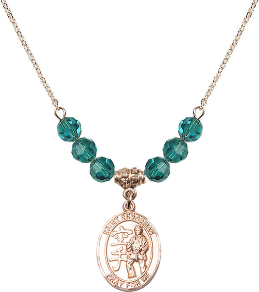 14kt Gold Filled Saint Sebastian/Karate Birthstone Necklace with Zircon Beads - 8615