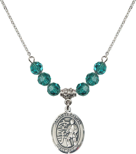 Sterling Silver Saint Sebastian/Karate Birthstone Necklace with Zircon Beads - 8615