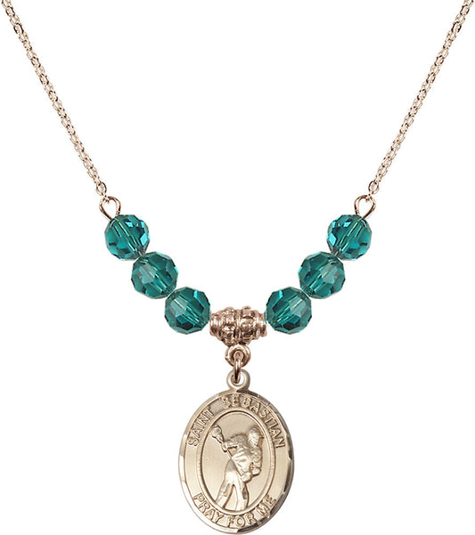 14kt Gold Filled Saint Sebastian/Lacrosse Birthstone Necklace with Zircon Beads - 8616