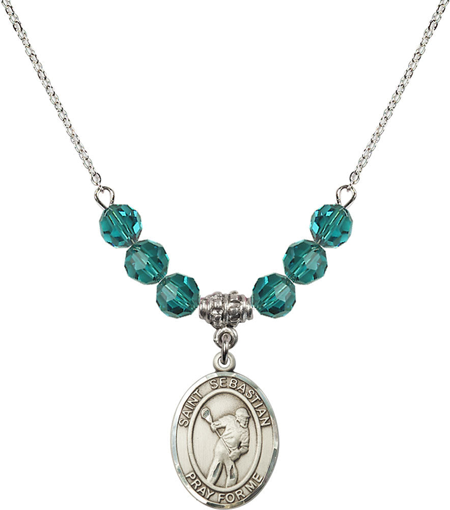 Sterling Silver Saint Sebastian/Lacrosse Birthstone Necklace with Zircon Beads - 8616