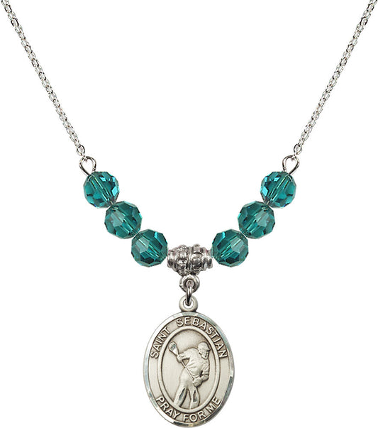 Sterling Silver Saint Sebastian/Lacrosse Birthstone Necklace with Zircon Beads - 8616