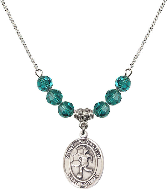 Sterling Silver Saint Sebastian/Soccer-Women Birthstone Necklace with Zircon Beads - 8617