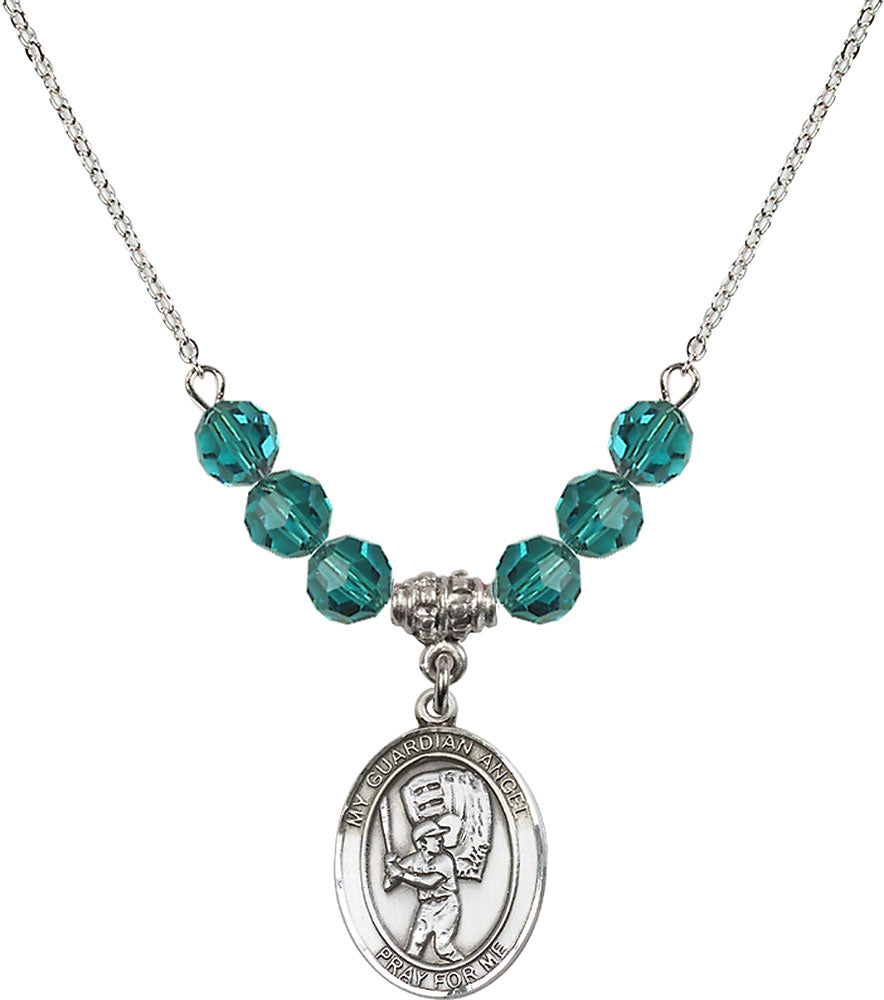 Sterling Silver Guardian Angel/Baseball Birthstone Necklace with Zircon Beads - 8700