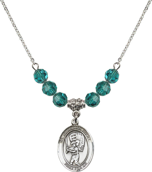 Sterling Silver Guardian Angel/Baseball Birthstone Necklace with Zircon Beads - 8700