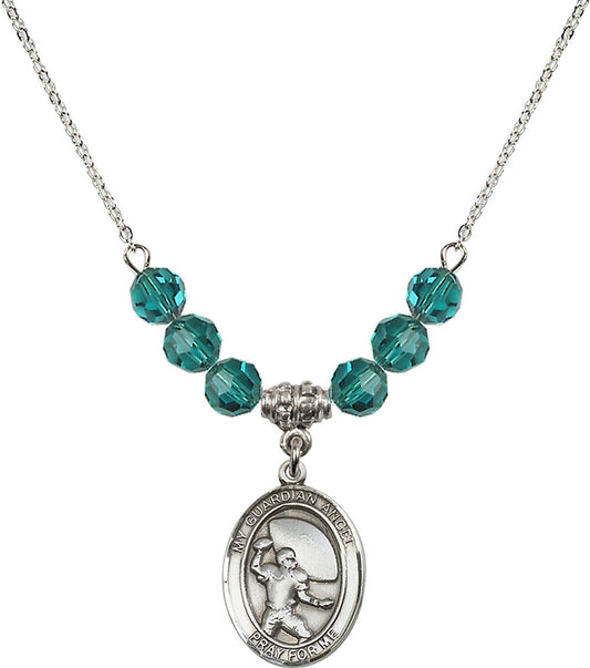 Sterling Silver Guardian Angel/Football Birthstone Necklace with Zircon Beads - 8701