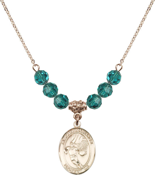 14kt Gold Filled Guardian Angel/Basketball Birthstone Necklace with Zircon Beads - 8702