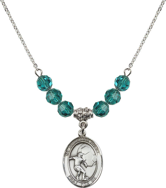 Sterling Silver Guardian Angel/Soccer Birthstone Necklace with Zircon Beads - 8703