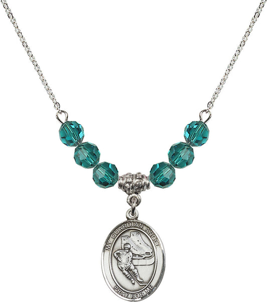 Sterling Silver Guardian Angel/Hockey Birthstone Necklace with Zircon Beads - 8704