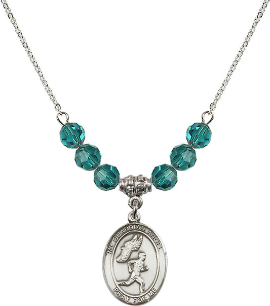 Sterling Silver Guardian Angel/Track&Field-Men Birthstone Necklace with Zircon Beads - 8709