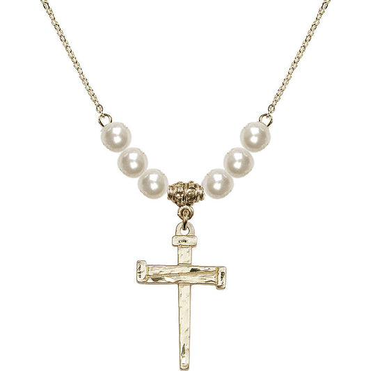 14kt Gold Filled Nail Cross Birthstone Necklace with Faux-Pearl Beads - 0013