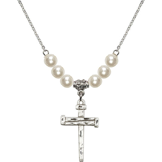 Sterling Silver Nail Cross Birthstone Necklace with Faux-Pearl Beads - 0013