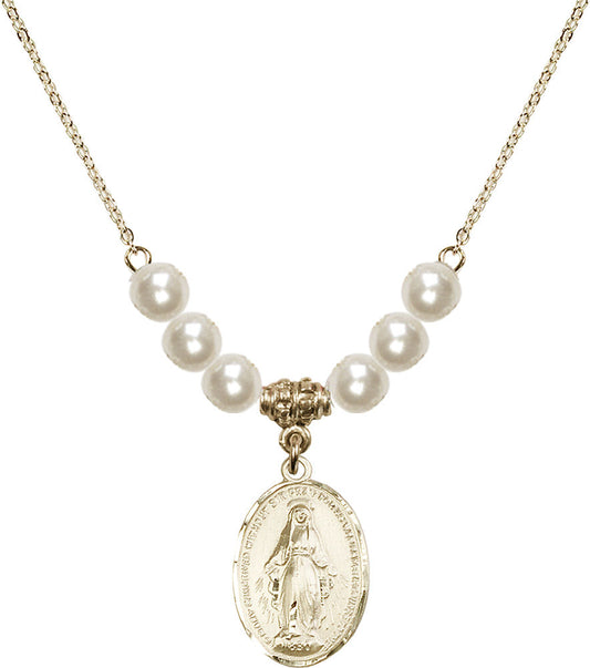 14kt Gold Filled Miraculous Birthstone Necklace with Faux-Pearl Beads - 0015