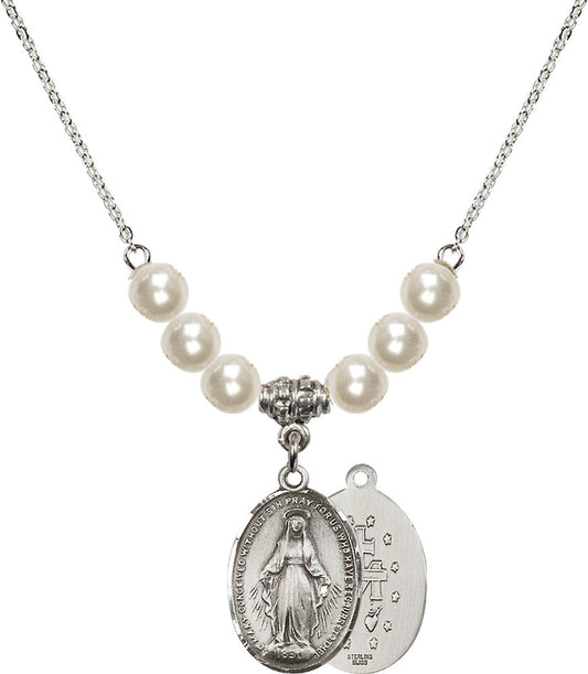 Sterling Silver Miraculous Birthstone Necklace with Faux-Pearl Beads - 0015