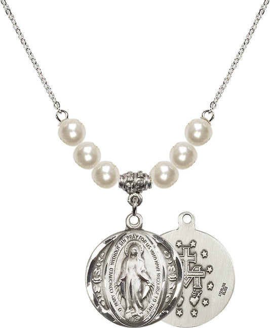 Sterling Silver Miraculous Birthstone Necklace with Faux-Pearl Beads - 0017