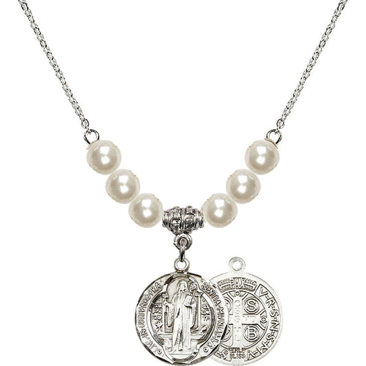 Sterling Silver Saint Benedict Birthstone Necklace with Faux-Pearl Beads - 0026