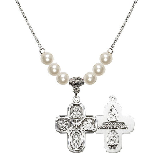 Sterling Silver 5-Way Birthstone Necklace with Faux-Pearl Beads - 0041