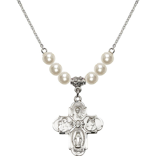 Sterling Silver 4-Way Birthstone Necklace with Faux-Pearl Beads - 0043