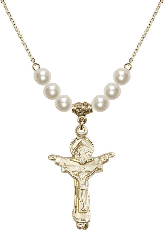 14kt Gold Filled Trinity Crucifix Birthstone Necklace with Faux-Pearl Beads - 0065